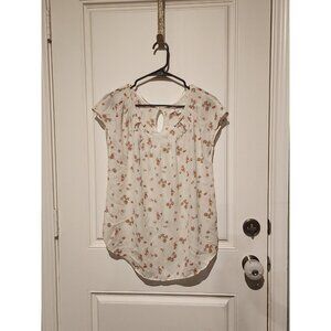 LC Lauren Conrad Womens Top Ivory Floral Short Sleeve Casual Blouse Size L